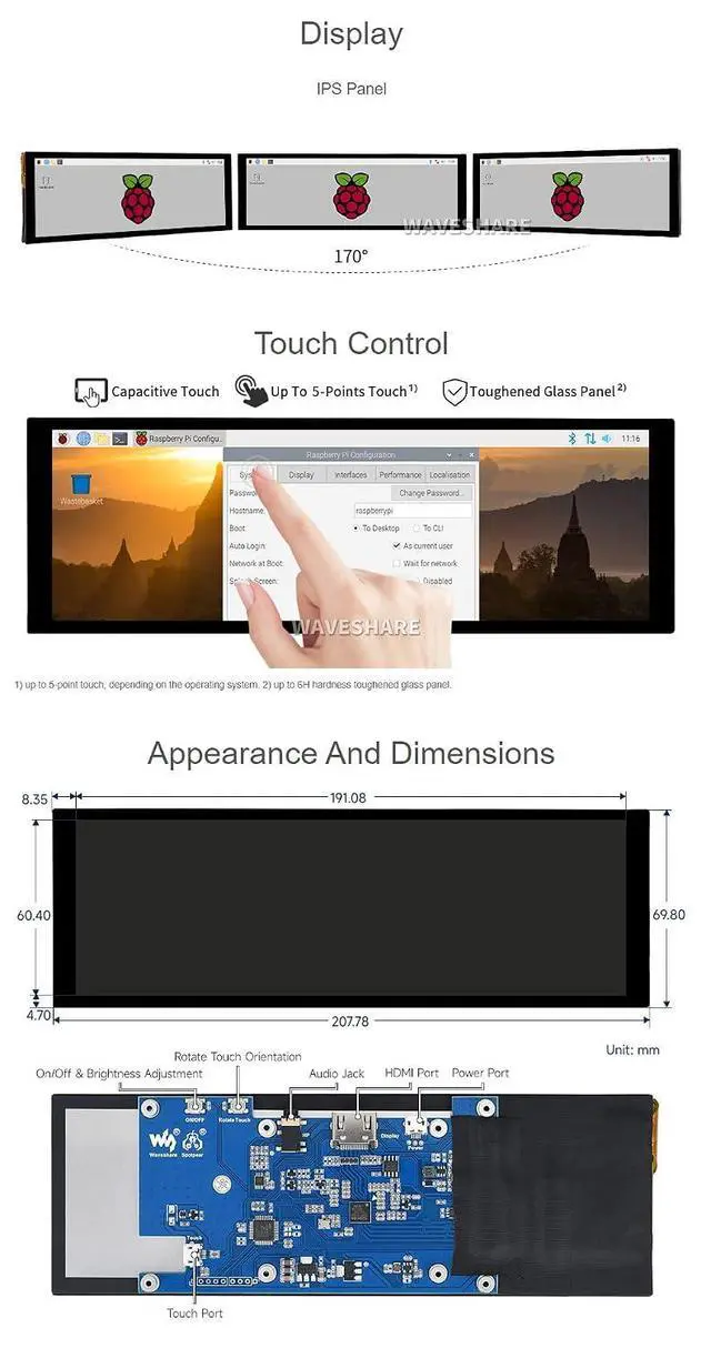 Alt view image 7 of 7 - 7.9 Inch HDMI Touchscreen Display, 400×1280 IPS Capacitive LCD, 5-Point Touch, Toughened Glass, for Raspberry Pi, Jetson Nano, Windows 11/10/8/7, Driver-Free Monitor