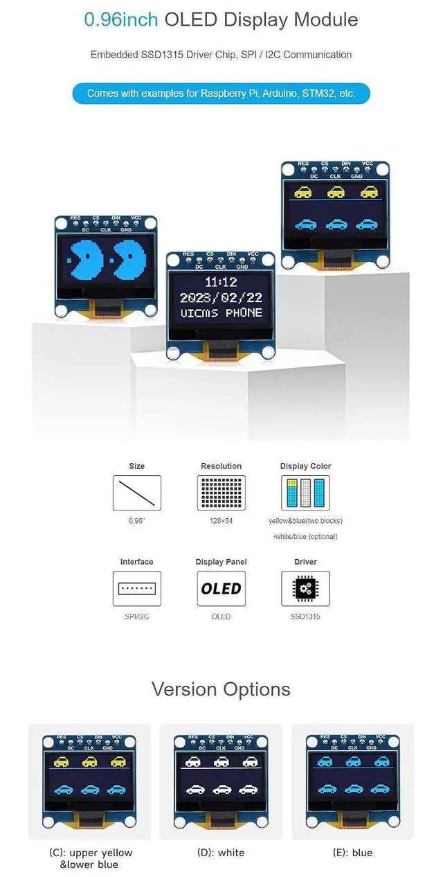 Alt view image 4 of 7 - 0.96 Inch OLED Display Module for Raspberry Pi 4B+ 4B 3B+ 3B 2B+ Zero W WH 2W Ardui STM32 28×64 SPI / I2C Communication Yellow & Blue Color (White)