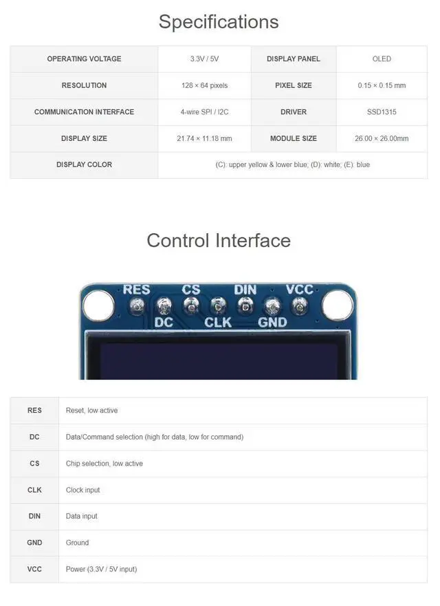 Alt view image 5 of 7 - 0.96 Inch OLED Display Module for Raspberry Pi 4B+ 4B 3B+ 3B 2B+ Zero W WH 2W Ardui STM32 28×64 SPI / I2C Communication Yellow & Blue Color (White)