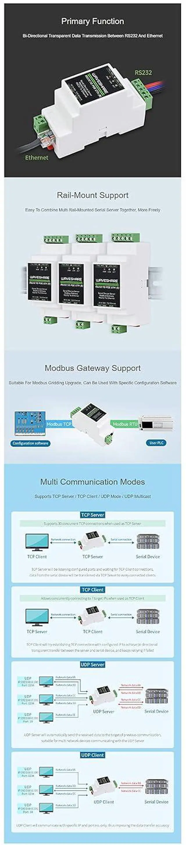 Alt view image 5 of 7 - Industrial Serial RS232 to RJ45 Ethernet Server Module with POE Function TCP/IP to Serial Rail-Mount Support