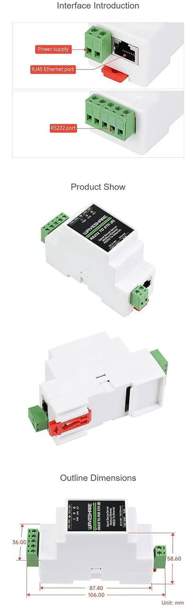 Alt view image 7 of 7 - Industrial Serial RS232 to RJ45 Ethernet Server Module with POE Function TCP/IP to Serial Rail-Mount Support
