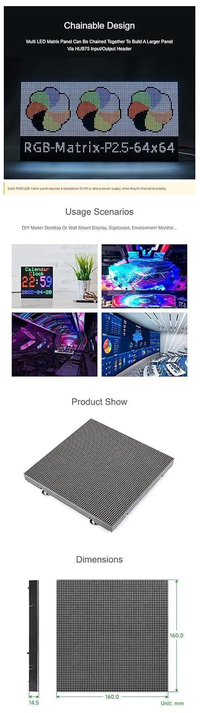 Alt view image 6 of 7 - Full-Color RGB LED Matrix Panel for Raspberry Pi 4B+ 4B 3B+ 3B 2B+ Zero W WH Pico ESP32 Ardui 2.5mm Pitch 64×64 Pixels Adjustable Brightness