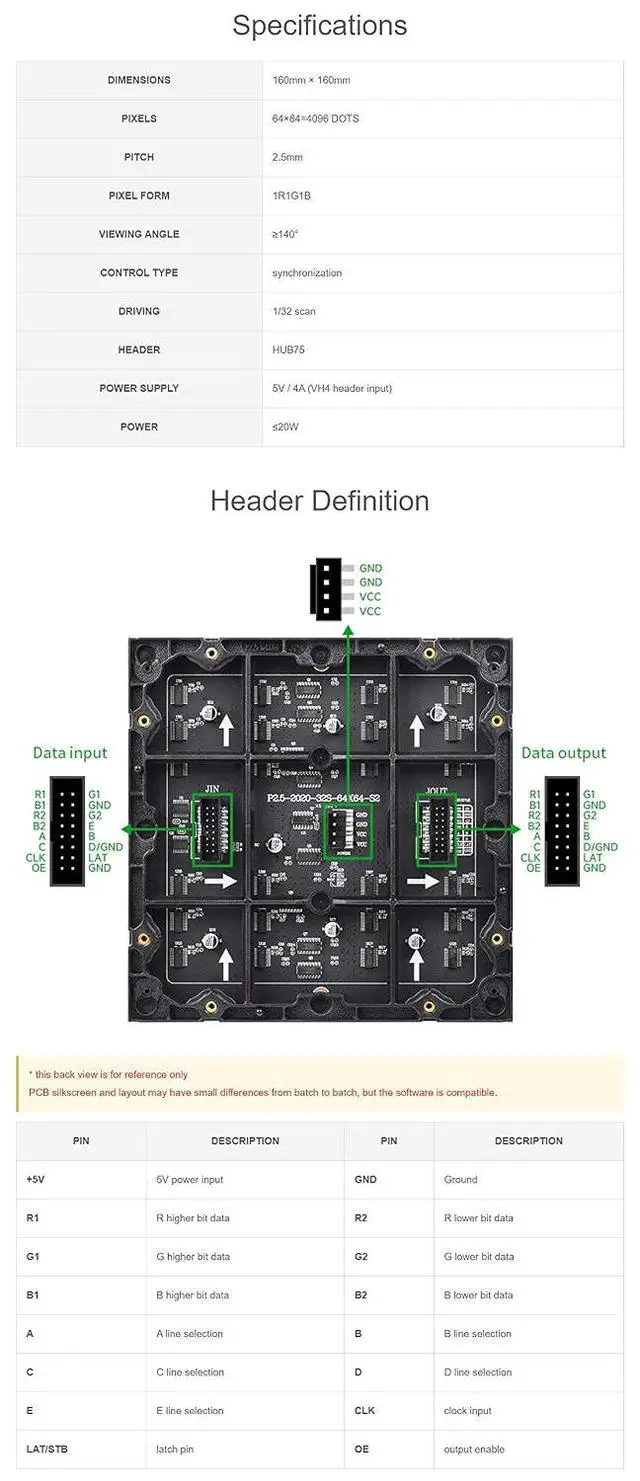Alt view image 5 of 7 - Full-Color RGB LED Matrix Panel for Raspberry Pi 4B+ 4B 3B+ 3B 2B+ Zero W WH Pico ESP32 Ardui 2.5mm Pitch 64×64 Pixels Adjustable Brightness