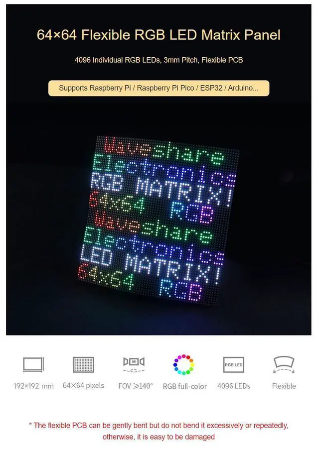 Alt view image 4 of 7 - Flexible RGB LED Matrix Panel Full-Color 64×64 for Raspberry Pi 4B+ 4B 3B+ 3B 2B+ Zero W WH Pico ESP32 Ardui 3mm Pitch Adjustable Brightness and Bendable PCB