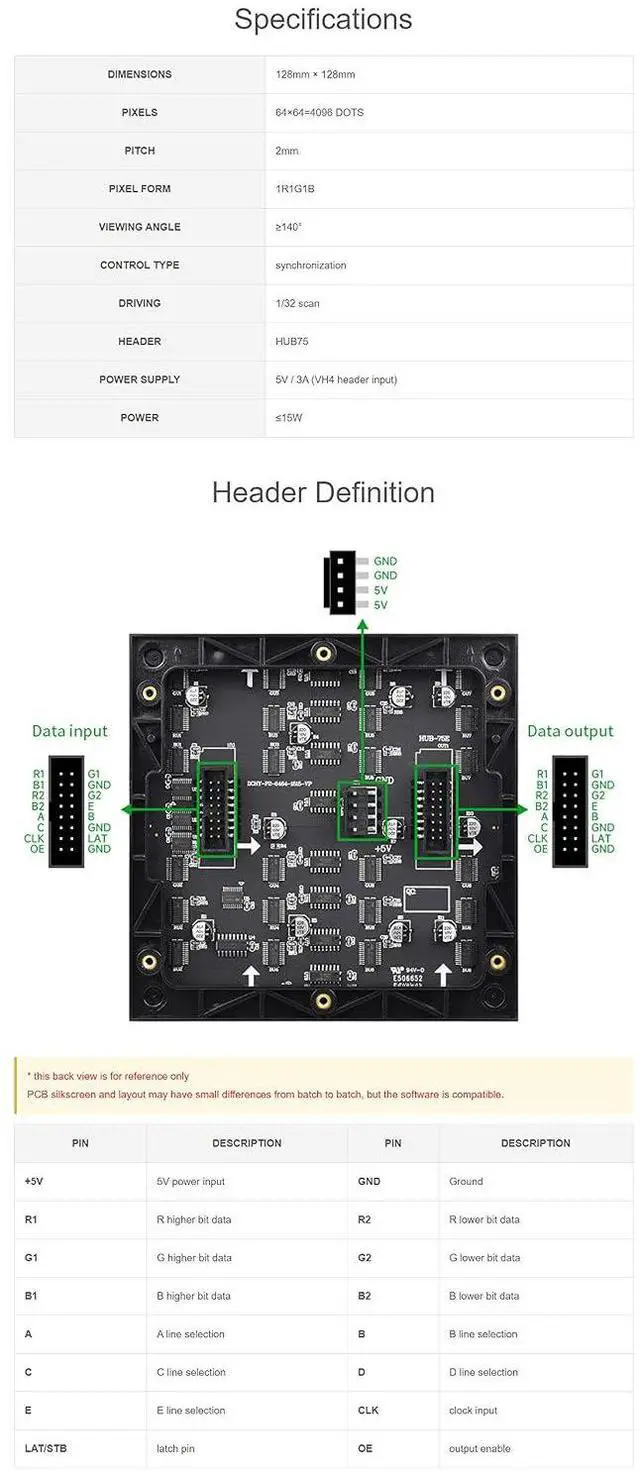 Alt view image 5 of 7 - RGB Full-Color LED Matrix Panel, 64×64 RGB LED Matrix Panel - 2mm Pitch for for Raspberry Pi 4B+ 4B 3B+ 3B 2B+ Zero W WH 2 W Pico ESP32 Ardui Adjustable Brightness