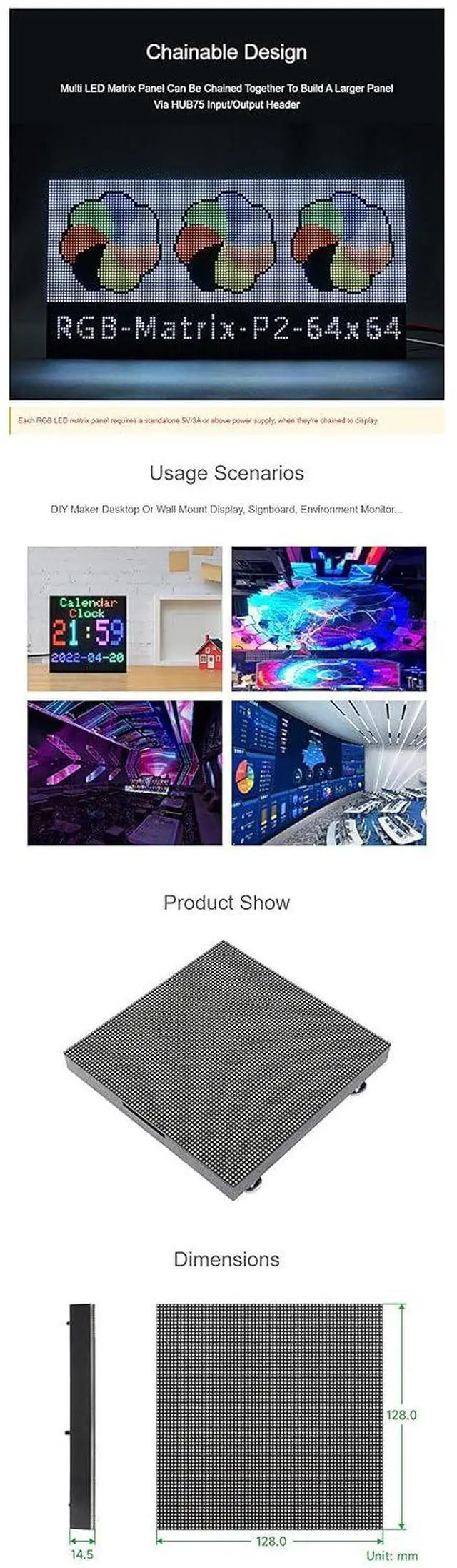 Alt view image 6 of 7 - RGB Full-Color LED Matrix Panel, 64×64 RGB LED Matrix Panel - 2mm Pitch for for Raspberry Pi 4B+ 4B 3B+ 3B 2B+ Zero W WH 2 W Pico ESP32 Ardui Adjustable Brightness