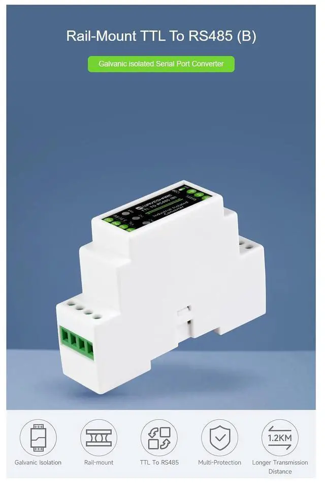 Alt view image 3 of 7 - Galvanic Isolated Rail-Mount TTL to RS485 Converter, 600W Lightningproof & Anti-Surge, Multi-Isolation Protection 3.3V-5V
