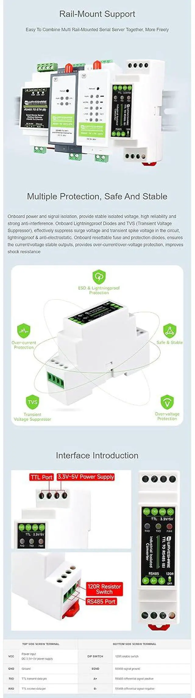 Alt view image 5 of 7 - Galvanic Isolated Rail-Mount TTL to RS485 Converter, 600W Lightningproof & Anti-Surge, Multi-Isolation Protection 3.3V-5V