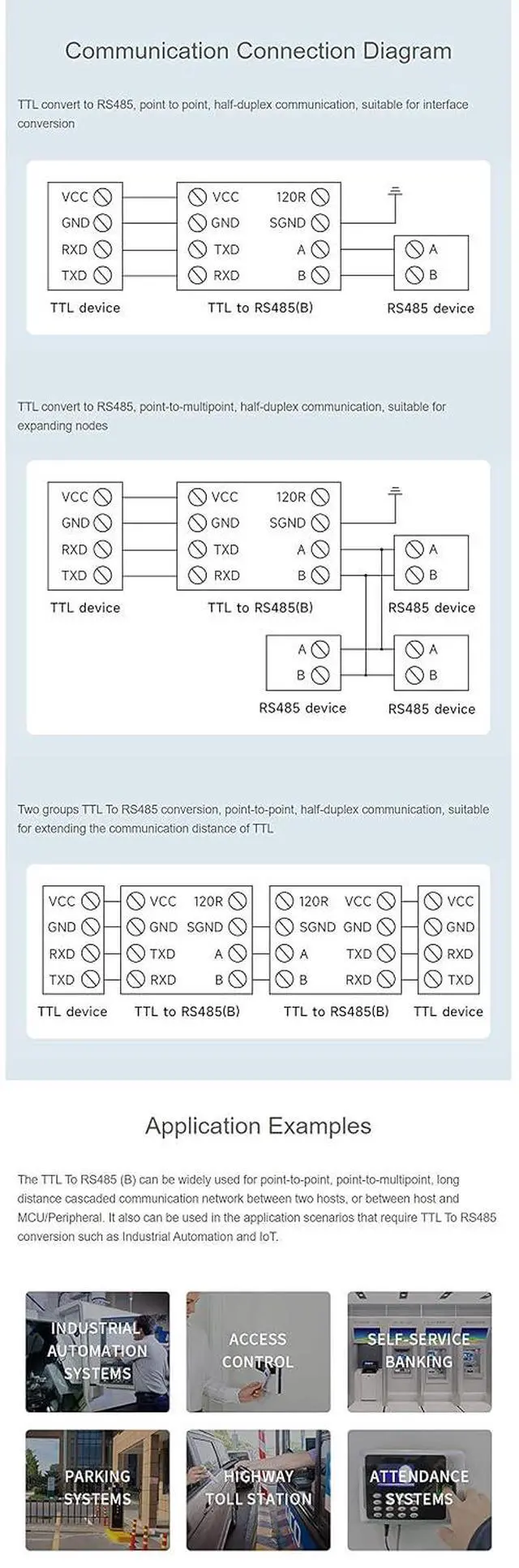 Alt view image 6 of 7 - Galvanic Isolated Rail-Mount TTL to RS485 Converter, 600W Lightningproof & Anti-Surge, Multi-Isolation Protection 3.3V-5V