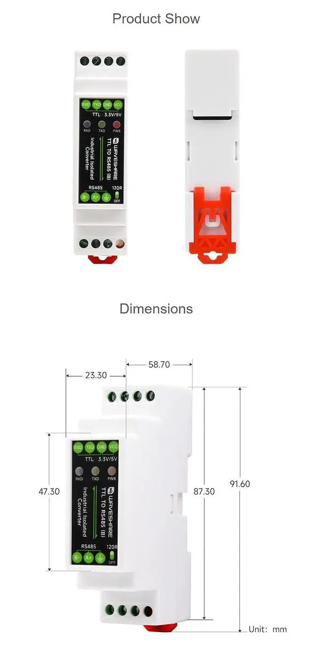 Alt view image 7 of 7 - Galvanic Isolated Rail-Mount TTL to RS485 Converter, 600W Lightningproof & Anti-Surge, Multi-Isolation Protection 3.3V-5V