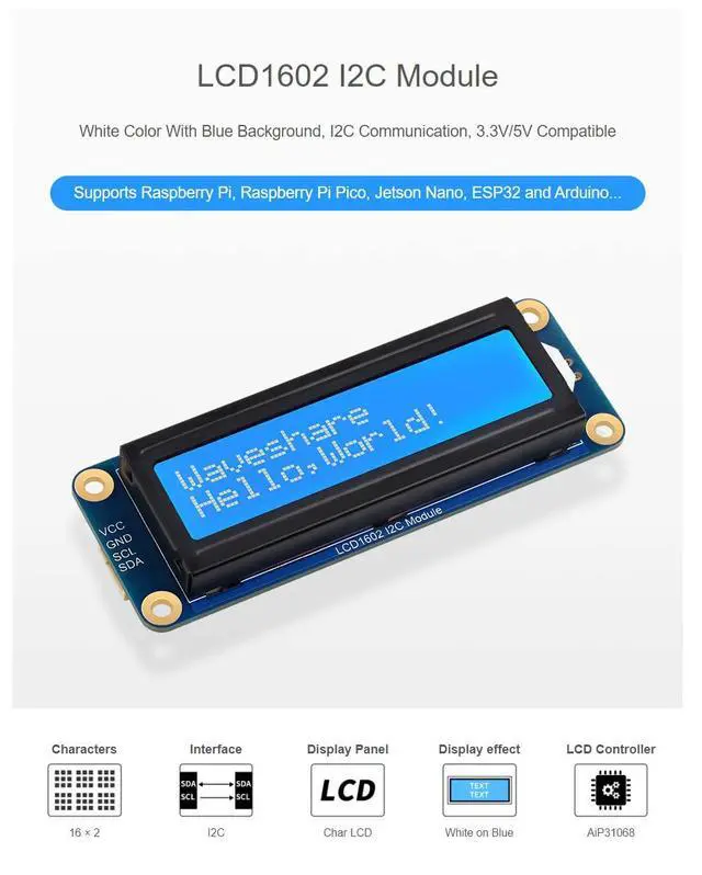 Alt view image 5 of 7 - LCD1602 Display Module for Raspberry Pi 4B+ 4B 3B+ 3B 2B+ Zero W WH Pico Jetson Nano ESP32 Ardui...I2C Display Module 3.3V/5V 16x2 Characters White Color Blue Background