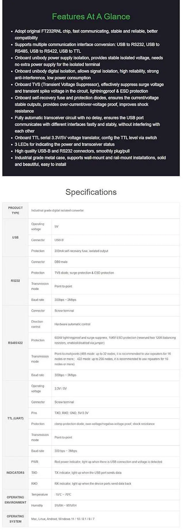 Alt view image 4 of 7 - Industrial Grade USB to RS232/485/422/TTL Converter Onboard FT232RNL Support Mac Linux Android Windows 11 10 8.1 8 7 Multiple Protection