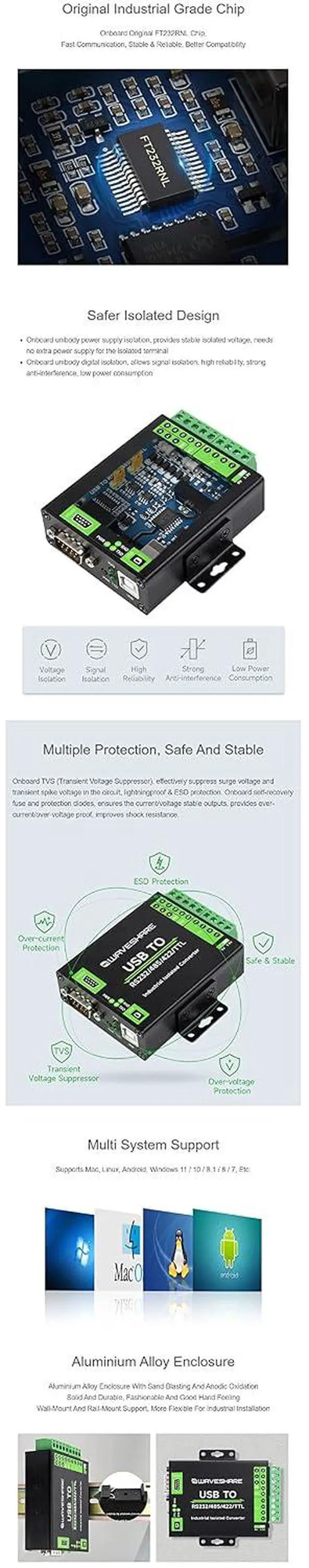Alt view image 5 of 7 - Industrial Grade USB to RS232/485/422/TTL Converter Onboard FT232RNL Support Mac Linux Android Windows 11 10 8.1 8 7 Multiple Protection