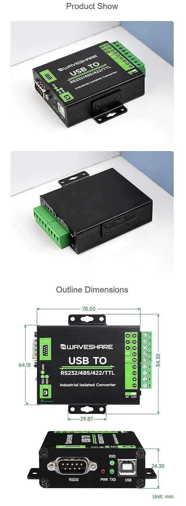 Alt view image 7 of 7 - Industrial Grade USB to RS232/485/422/TTL Converter Onboard FT232RNL Support Mac Linux Android Windows 11 10 8.1 8 7 Multiple Protection