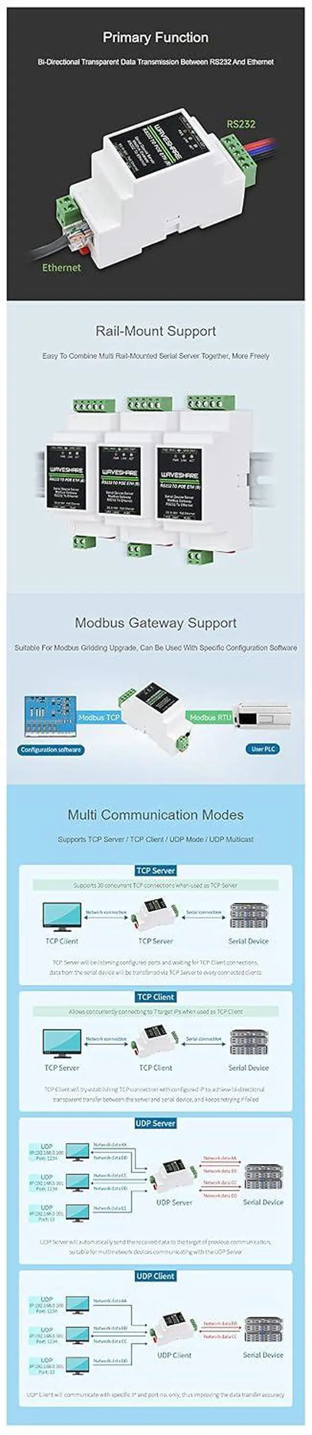 Alt view image 5 of 7 - RS232 to RJ45 Converter Industrial Serial Server RS232 to Ethernet TCP/IP to Serial Rail-Mount Available Supports TCP Server TCP Client UDP Mode UDP Multicast