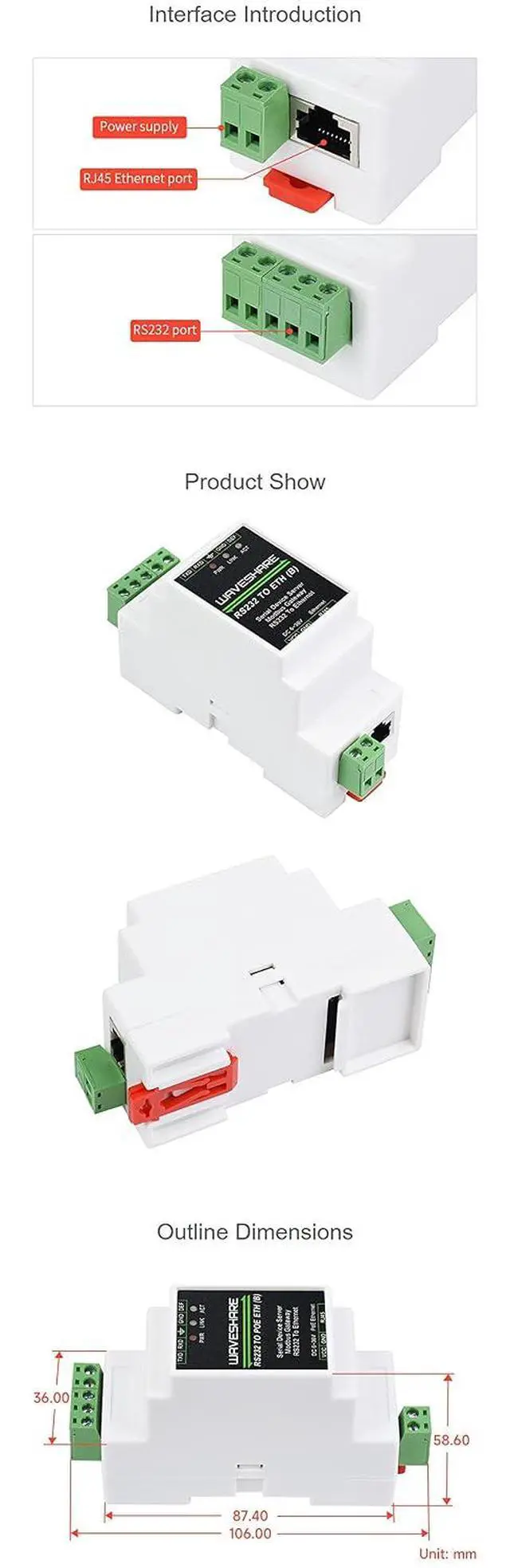 Alt view image 7 of 7 - RS232 to RJ45 Converter Industrial Serial Server RS232 to Ethernet TCP/IP to Serial Rail-Mount Available Supports TCP Server TCP Client UDP Mode UDP Multicast
