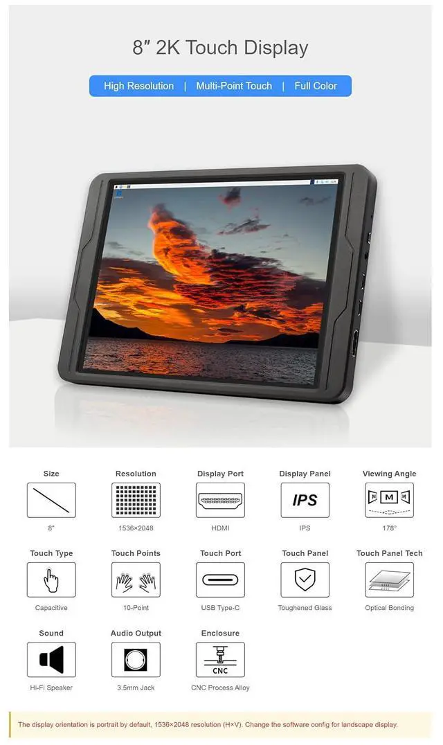 Alt view image 4 of 7 - 8inch for Raspberry Pi Screen Touchscreen 2K High Resolution Capacitive Display for Raspberry Pi 4B CM4 Jetson Nano 1536×2048 IPS Screen