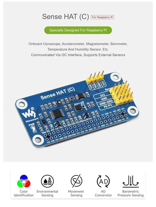 Alt view image 4 of 7 - Sense HAT (C) for Raspberry Pi Series Board, with Multi Sensors Onboard, AD Expansion to Supports External Sensors