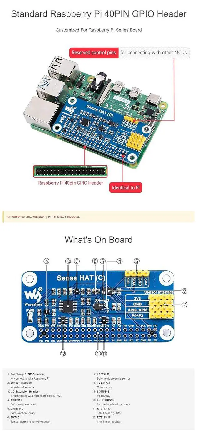 Alt view image 6 of 7 - Sense HAT (C) for Raspberry Pi Series Board, with Multi Sensors Onboard, AD Expansion to Supports External Sensors