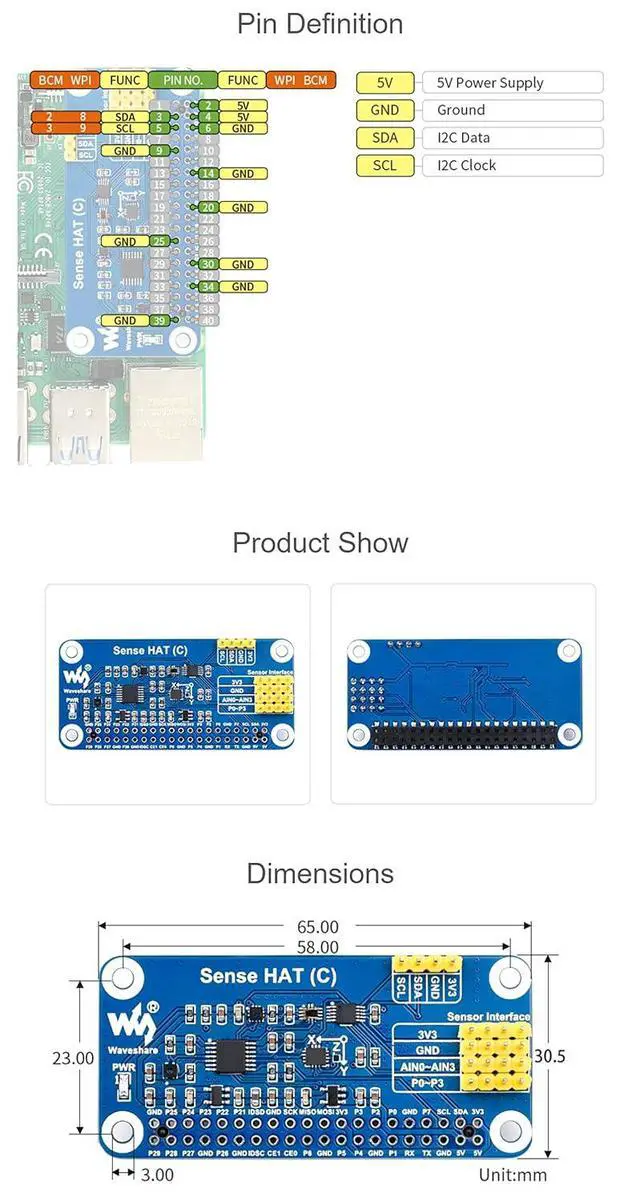 Alt view image 7 of 7 - Sense HAT (C) for Raspberry Pi Series Board, with Multi Sensors Onboard, AD Expansion to Supports External Sensors