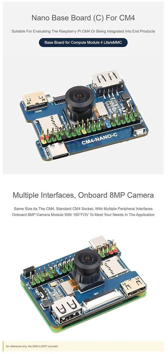 Alt view image 5 of 7 - Nano Base Board C Version for Raspberry Pi Compute Module 4 Lite/eMMC (CM4 not Include), with 8MP 160°FOV Camera, Same Size As The CM4