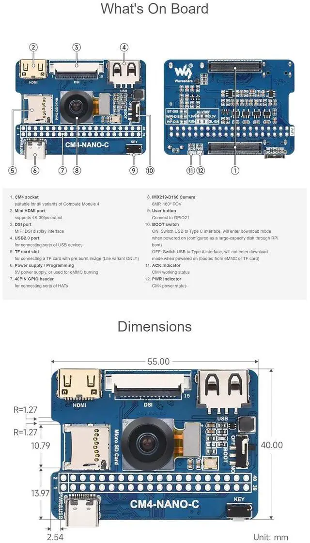 Alt view image 7 of 7 - Nano Base Board C Version for Raspberry Pi Compute Module 4 Lite/eMMC (CM4 not Include), with 8MP 160°FOV Camera, Same Size As The CM4