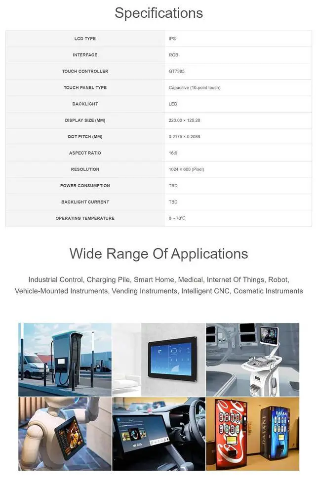 Alt view image 4 of 7 - 10.1inch Capacitive Touch LCD (F), IPS Panel, Use GT7385 Touch Controller, 1024 × 600 Pixel, RGB Interface, Support 10-Point Touch