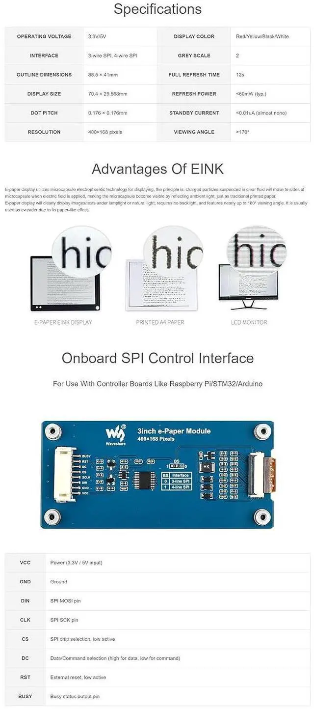 Alt view image 6 of 7 - 3inch E-Paper Module (G) for Raspberry Pi/Jetson Nano/Ardui/STM32, Red/Yellow/Black/White Four Colors E-Ink Display, 400x168