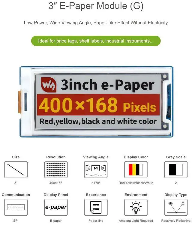 Alt view image 5 of 7 - 3inch E-Paper Module (G) for Raspberry Pi/Jetson Nano/Ardui/STM32, Red/Yellow/Black/White Four Colors E-Ink Display, 400x168