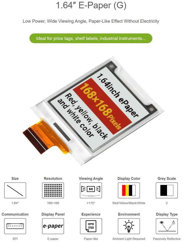 Alt view image 4 of 6 - 1.64inch Square E-Paper (G) Raw Display Panel, Red/Yellow/Black/White for Color E-Ink Screen, 168 × 168