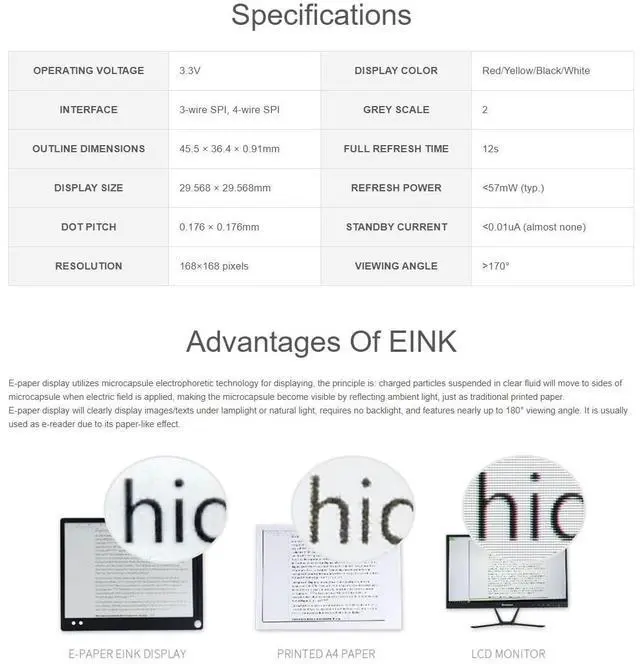 Alt view image 5 of 6 - 1.64inch Square E-Paper (G) Raw Display Panel, Red/Yellow/Black/White for Color E-Ink Screen, 168 × 168