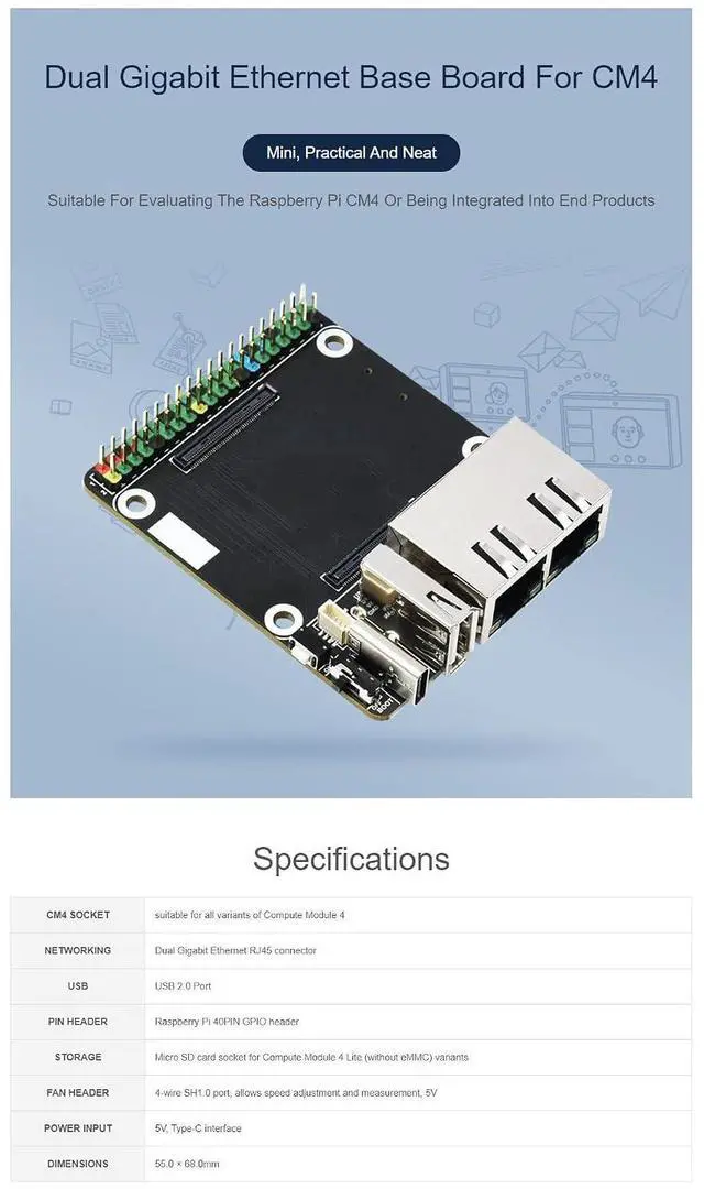 Alt view image 4 of 6 - Mini Dual Gigabit Ethernet Base Board for Raspberry Pi Compute Module 4 (CM4 not Include), RJ45 Connector, 40PIN GPIO Header