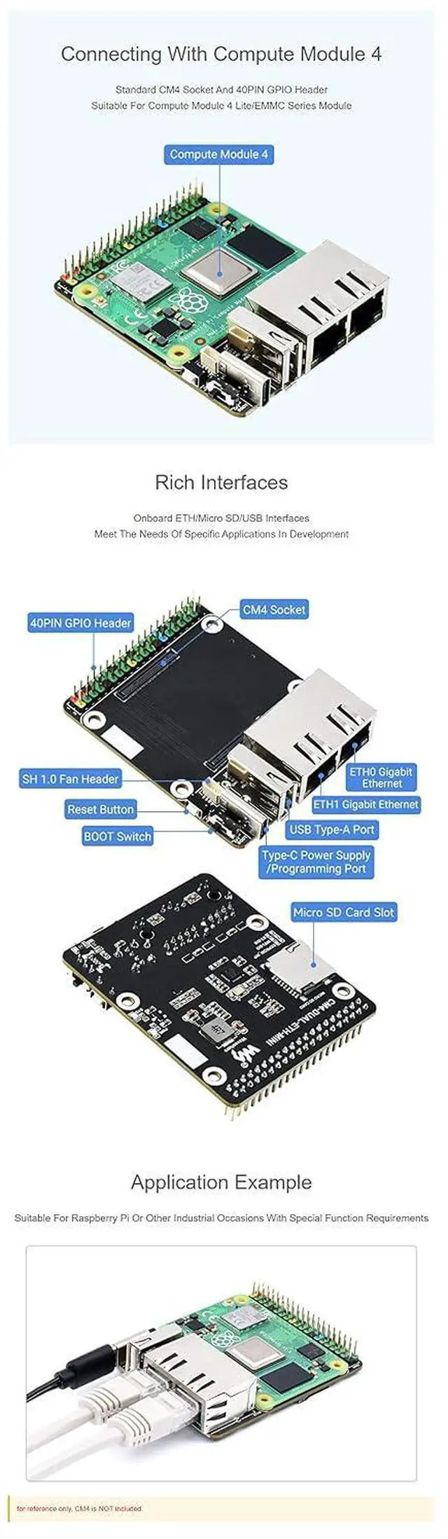 Alt view image 5 of 6 - Mini Dual Gigabit Ethernet Base Board for Raspberry Pi Compute Module 4 (CM4 not Include), RJ45 Connector, 40PIN GPIO Header