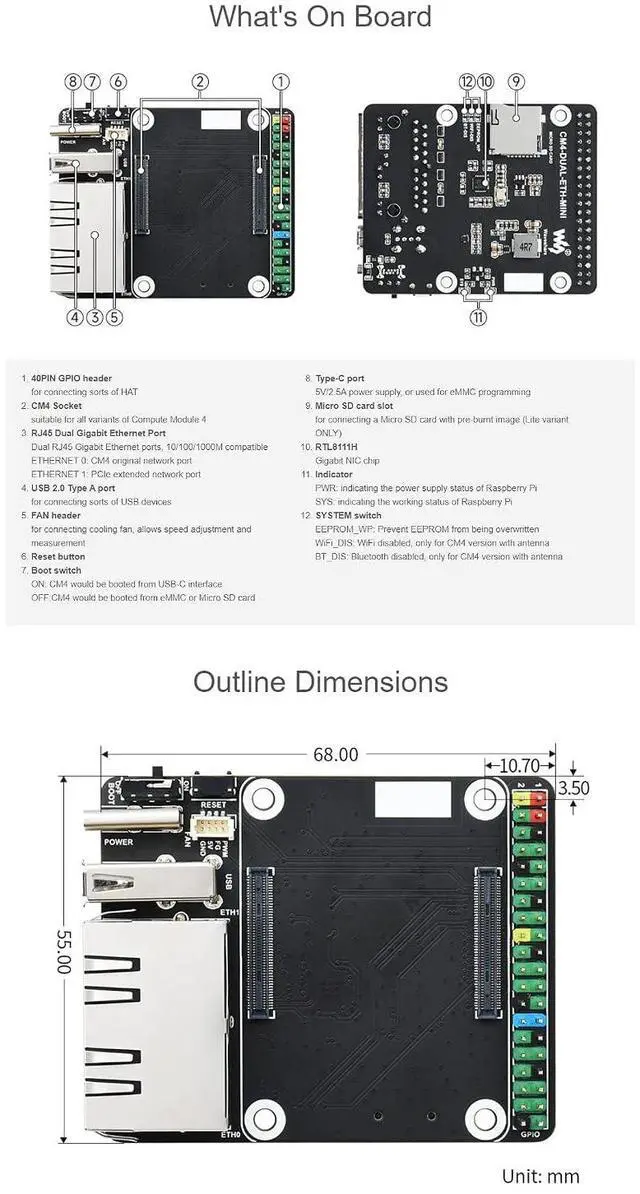 Alt view image 6 of 6 - Mini Dual Gigabit Ethernet Base Board for Raspberry Pi Compute Module 4 (CM4 not Include), RJ45 Connector, 40PIN GPIO Header