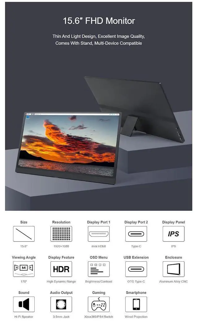Alt view image 3 of 7 - 15.6inch Monitor with Stand Frame for Raspberry Pi/Jetson Nano/PC/Game Console, Thin and Light Design, No Touch IPS Screen, 1920 × 1080 Full HD, Support HDR