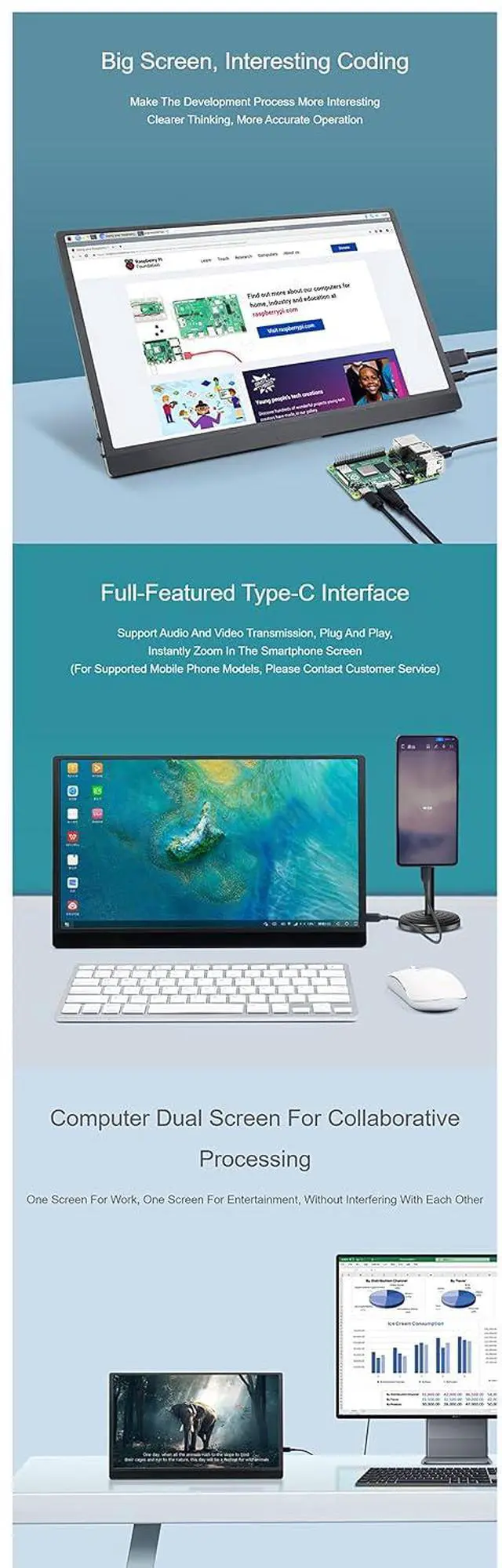 Alt view image 5 of 7 - 15.6inch Monitor with Stand Frame for Raspberry Pi/Jetson Nano/PC/Game Console, Thin and Light Design, No Touch IPS Screen, 1920 × 1080 Full HD, Support HDR
