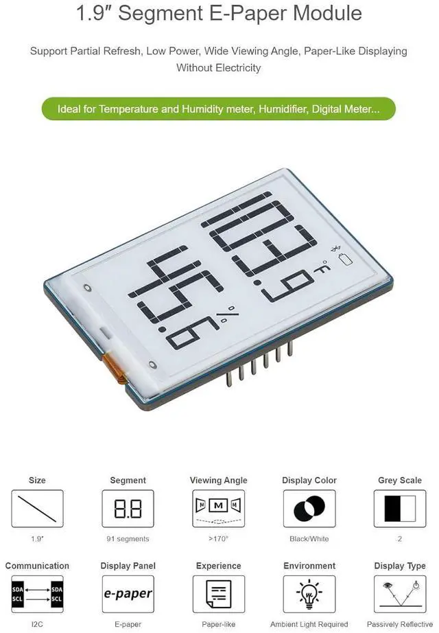 Alt view image 4 of 6 - 1.9inch Segment E-Paper Display Module, 91 Segments, I2C Interface, Support Partial Refresh, Humidifier, Digital Meter