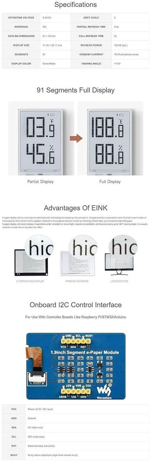 Alt view image 5 of 6 - 1.9inch Segment E-Paper Display Module, 91 Segments, I2C Interface, Support Partial Refresh, Humidifier, Digital Meter