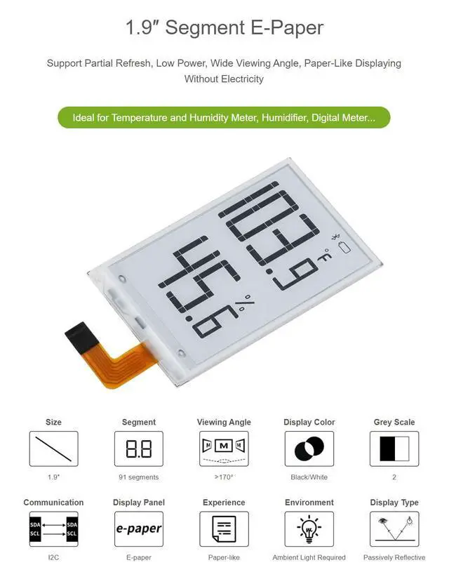 Alt view image 4 of 6 - 1.9inch Segment E-Paper Raw Panel Display Module, 91 Segments, I2C Interface, Support Partial Refresh, Humidifier, Digital Meter