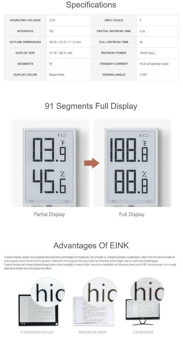 Alt view image 5 of 6 - 1.9inch Segment E-Paper Raw Panel Display Module, 91 Segments, I2C Interface, Support Partial Refresh, Humidifier, Digital Meter