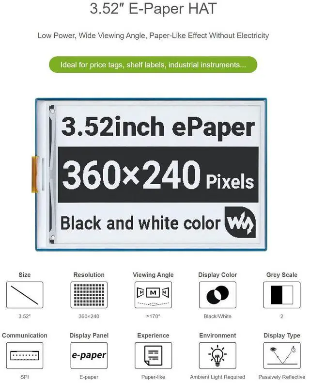 Alt view image 4 of 7 - 3.52inch e-Paper HAT for Raspberry Pi/STM32/Ardui, 360 × 240, SPI Interface, Wide Viewing Angle