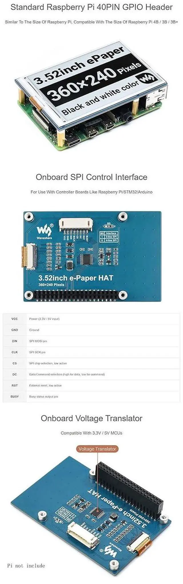 Alt view image 6 of 7 - 3.52inch e-Paper HAT for Raspberry Pi/STM32/Ardui, 360 × 240, SPI Interface, Wide Viewing Angle