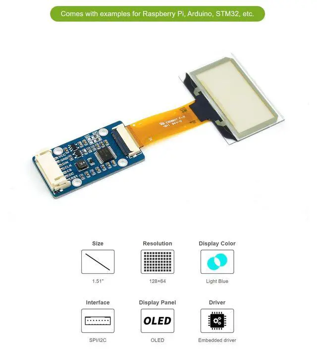 Alt view image 5 of 7 - 1.51inch Transparent OLED Compatible Raspberry Pi/Ardui/TM32, Display Light Blue Color, 128×64, SPI/I2C Interfaces
