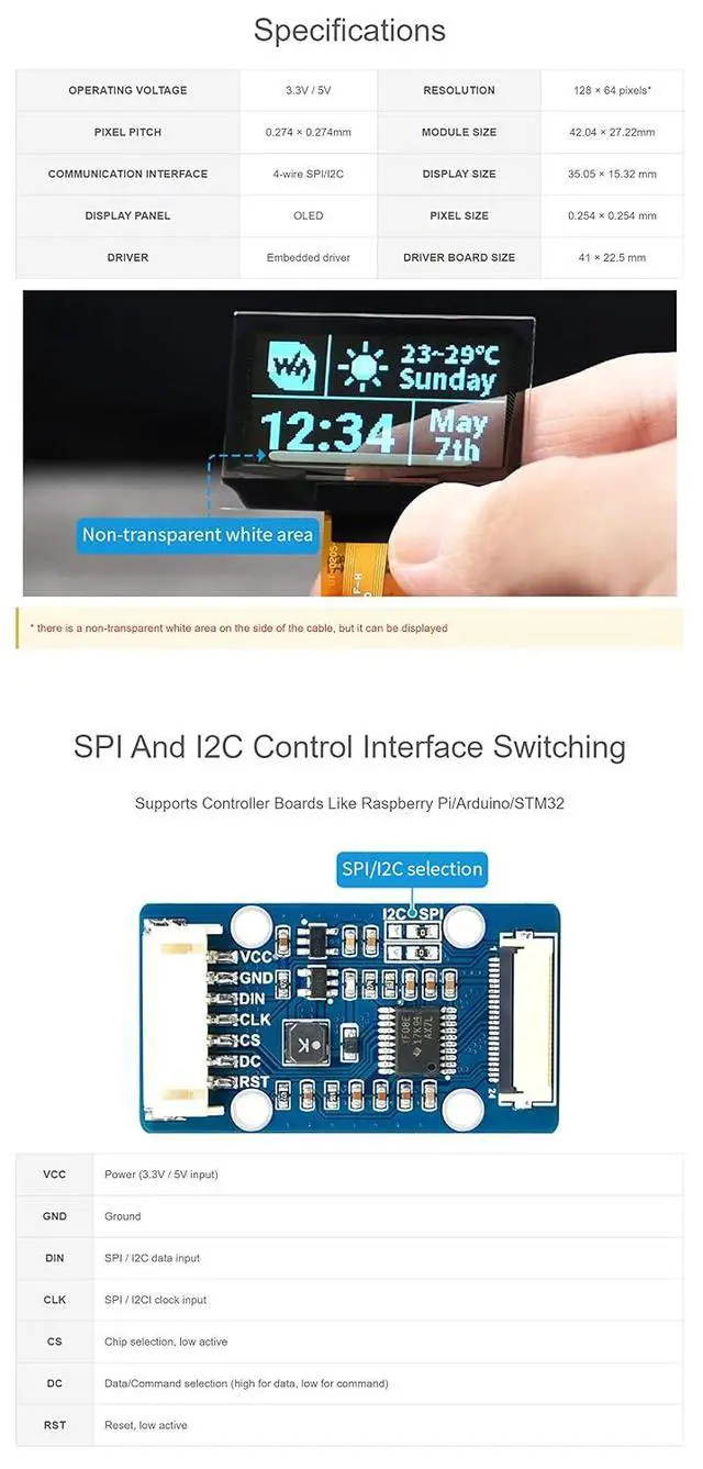 Alt view image 6 of 7 - 1.51inch Transparent OLED Compatible Raspberry Pi/Ardui/TM32, Display Light Blue Color, 128×64, SPI/I2C Interfaces