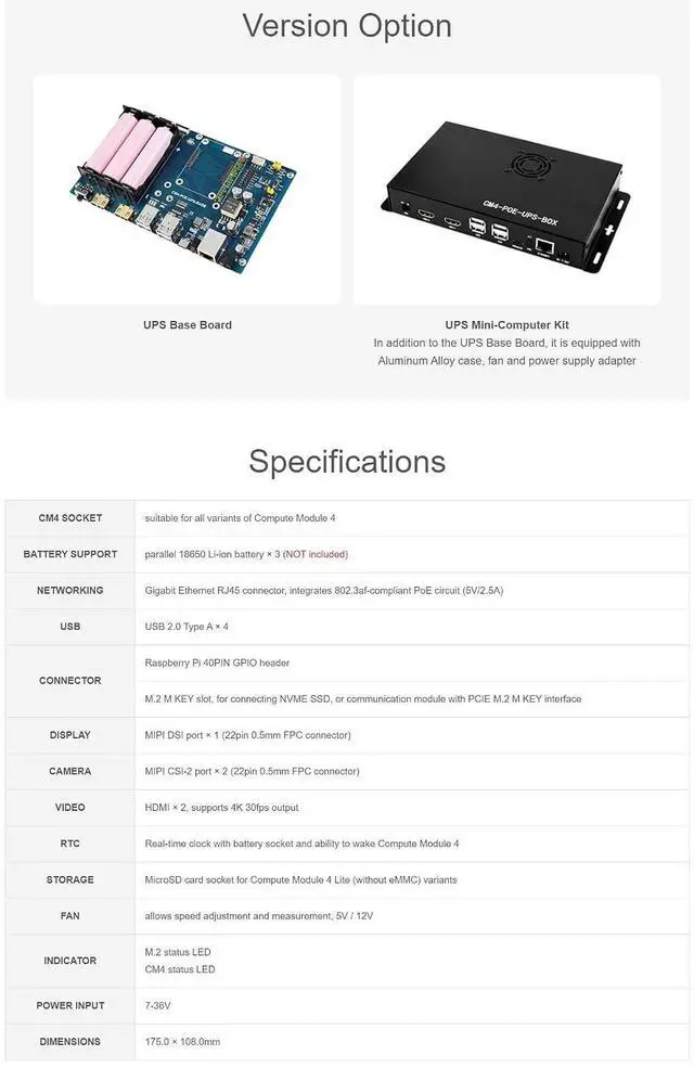 Alt view image 4 of 7 - PoE UPS Uninterruptible Power Supply Base Board for All Raspberry Pi Compute Module 4 (CM4), Dual HDMI, Quad USB2.0,40PIN GPIO Header