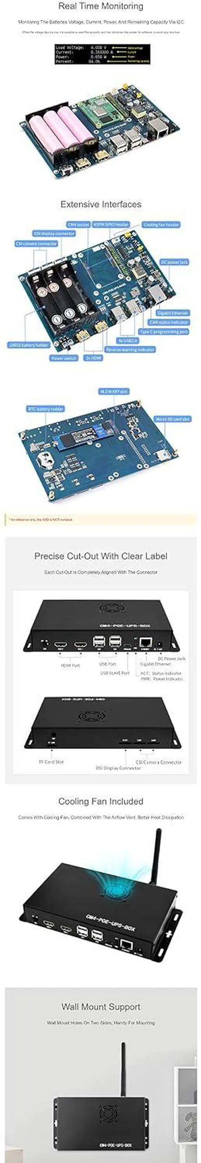 Alt view image 6 of 7 - PoE UPS Uninterruptible Power Supply Base Board for All Raspberry Pi Compute Module 4 (CM4), Dual HDMI, Quad USB2.0,40PIN GPIO Header