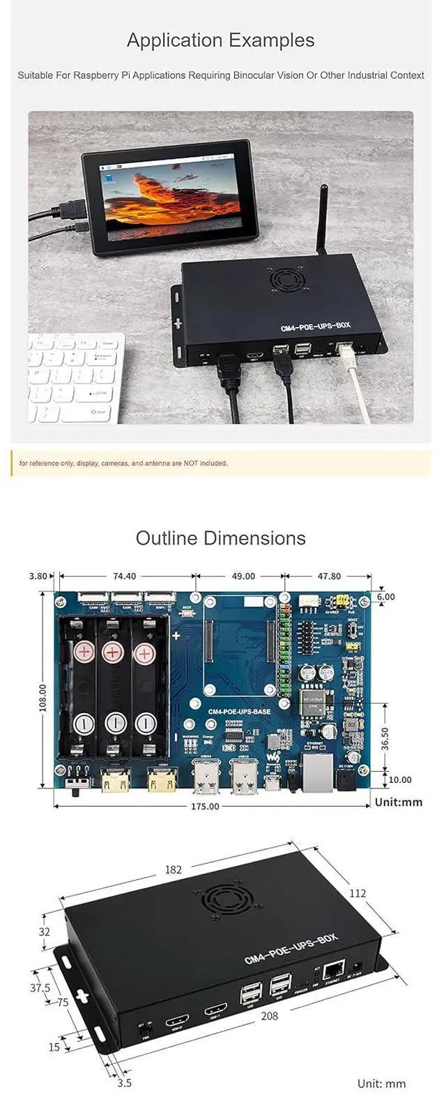 Alt view image 7 of 7 - PoE UPS Uninterruptible Power Supply Base Board for All Raspberry Pi Compute Module 4 (CM4), Dual HDMI, Quad USB2.0,40PIN GPIO Header