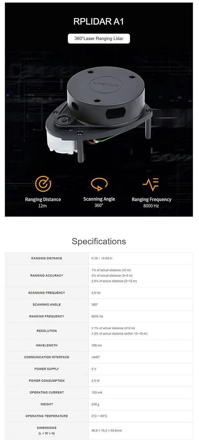 Alt view image 4 of 6 - Slamtec RPLIDAR A1 Laser Ranging Sensor, 360° Omnidirectional Lidar Scanning, Range Distance 12m, Frequencey 8000 Hz