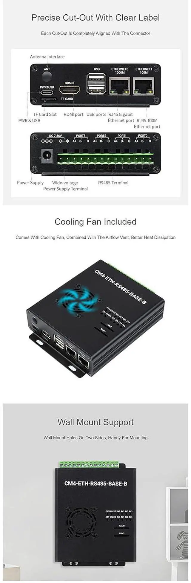 Alt view image 7 of 7 - Dual ETH Quad RS485 Mini-Computer Base on Raspberry Pi Compute Module 4(CM4 NOT Included), Gigabit Ethernet, USB2.0