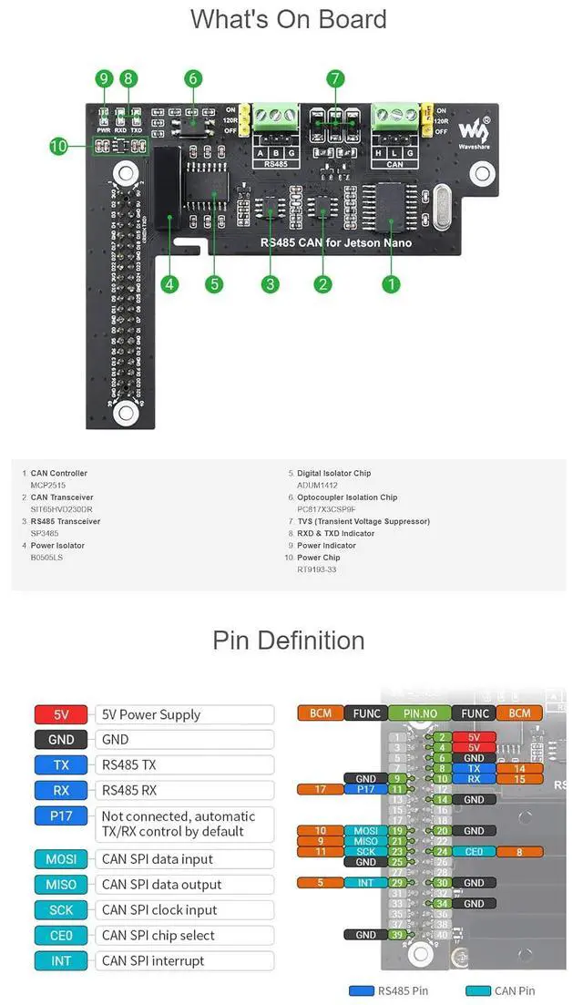 Alt view image 6 of 7 - RS485 CAN Expansion Board for Jetson Nano, Isolation Circuit Design, Onboard TVS, Built-in Protection Circuit